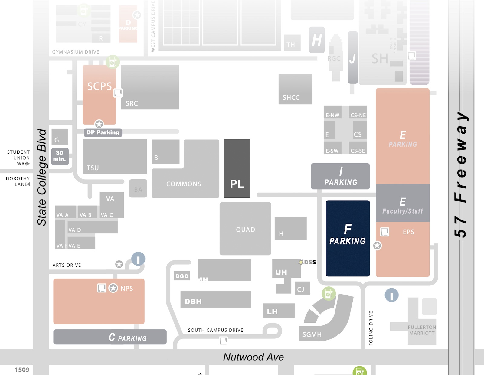 diagrammatic map of campus buildings and parking lots at CSU Fullerton, showing an area bounded by State College Blvd, Nutwood Ave, and the 57 Freeway. Parking lot F and Building "PL" are marked prominently