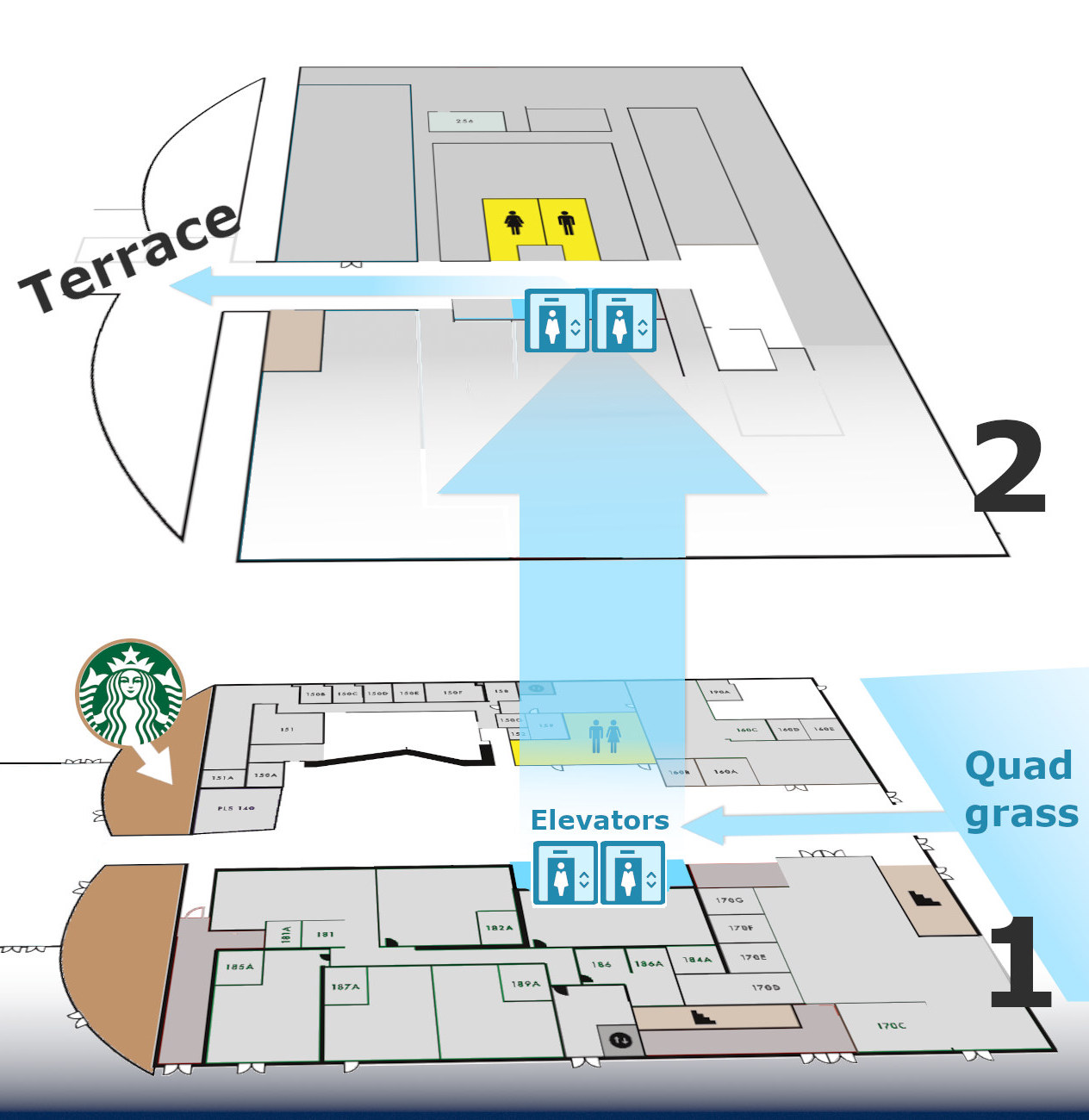 a diagrammatic map of the building of Pollak Library, showing the direction to walk in from the grassy Quad, to proceed to the elevators that will be on your left, and then to turn right once you exit the elevator, and head toward the Terrace.